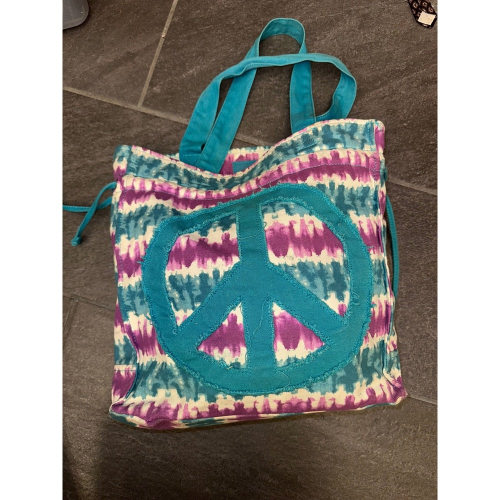 Tie‎ Dye Peace Sign Canvas Tote Bag Purple Teal Boho Hippie Shoulder Bag
